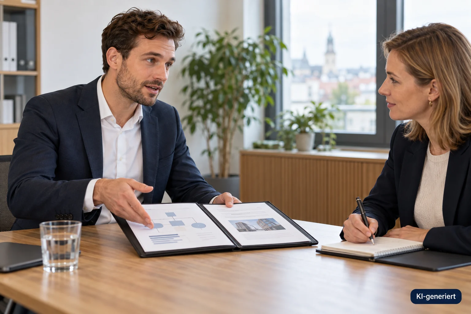 Ein Bewerber erläutert im Gespräch ein Arbeitsbeispiel anhand seiner Unterlagen.